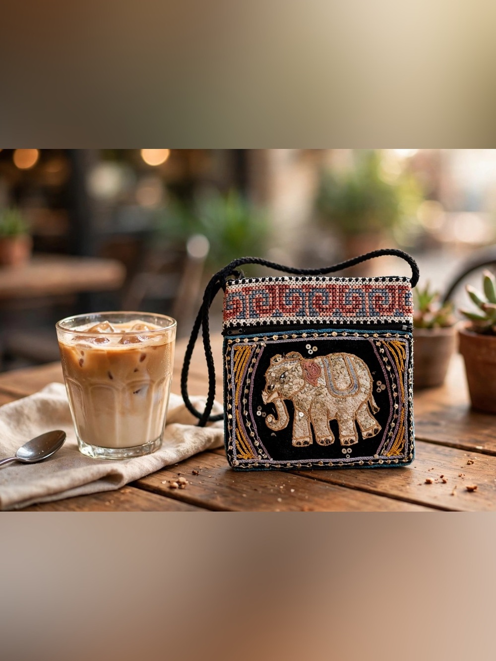 Ethnic Elephant Sequin Embroidered Mini Crossbody Bag Bohemian Purse